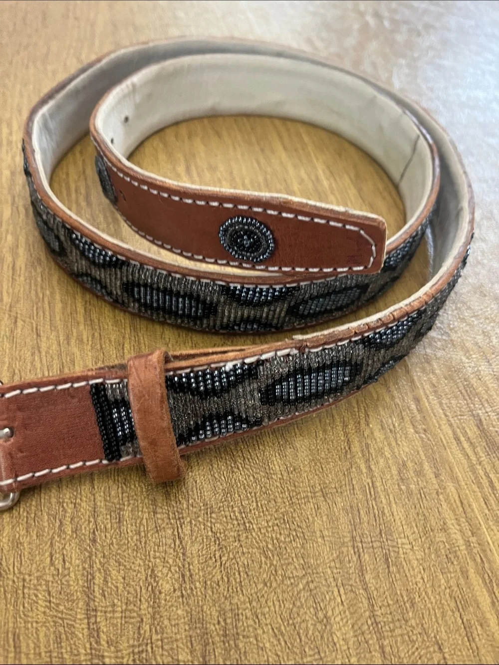Artisan Crafted Brown Leather Belt with Stunning Solid Beaded Design